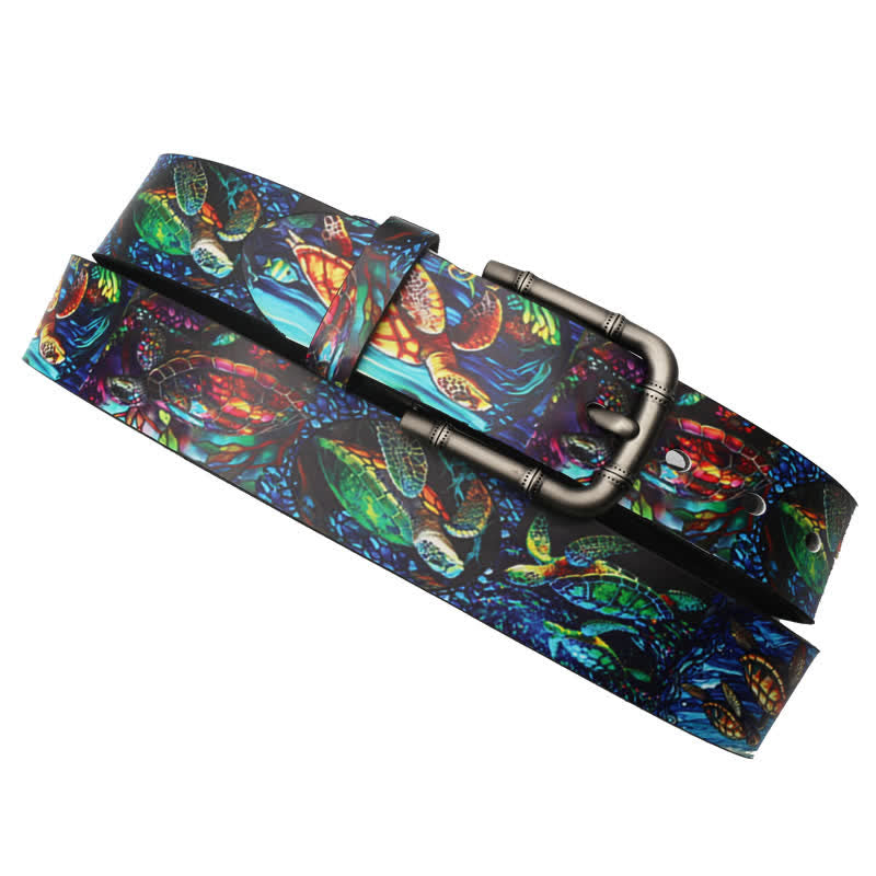 Cintura in pelle stampata con tartaruga colorata e animale marino