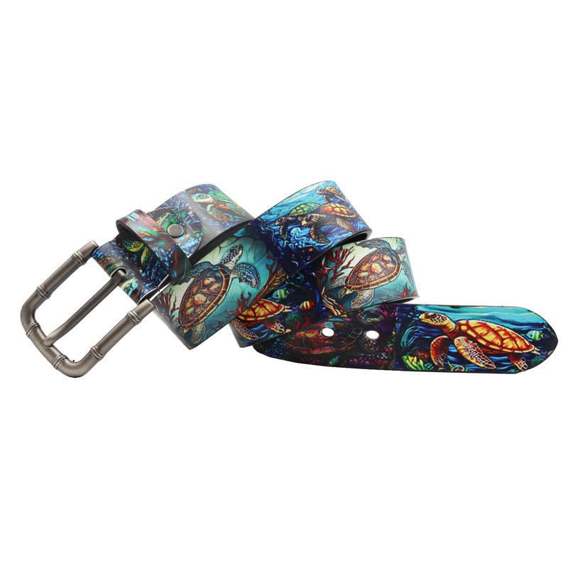 Cintura in pelle stampata con tartaruga colorata e animale marino