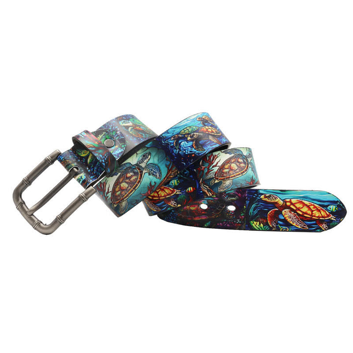 Cintura in pelle stampata con tartaruga colorata e animale marino