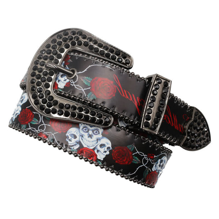 Cintura in pelle stampata con scheletro di rosa e strass gotici