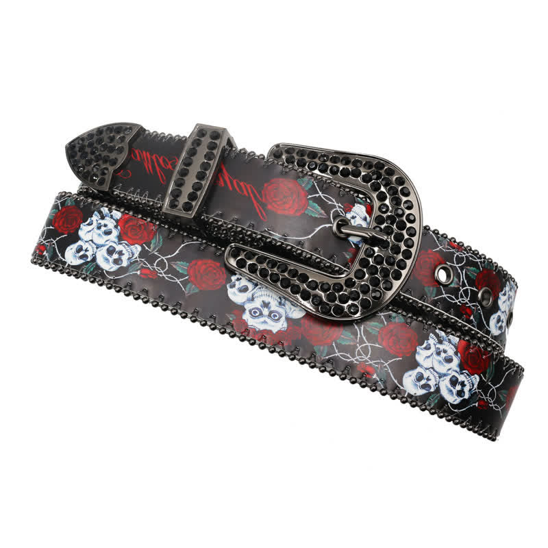 Cintura in pelle stampata con scheletro di rosa e strass gotici