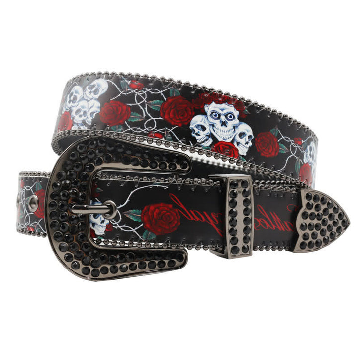 Cintura in pelle stampata con scheletro di rosa e strass gotici
