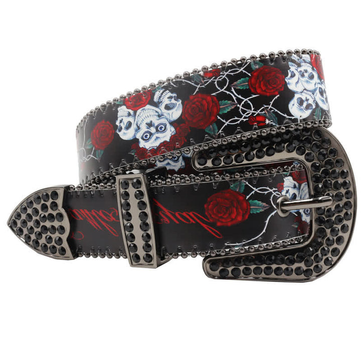 Cintura in pelle stampata con scheletro di rosa e strass gotici