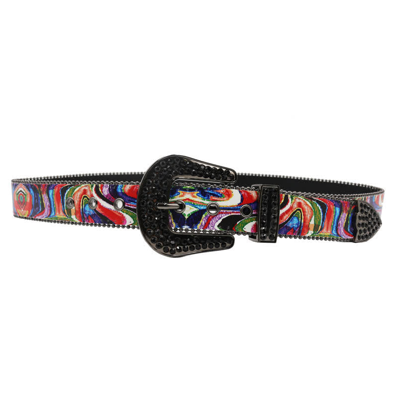 Cintura in pelle con fibbia in strass stampati arcobaleno graffiti