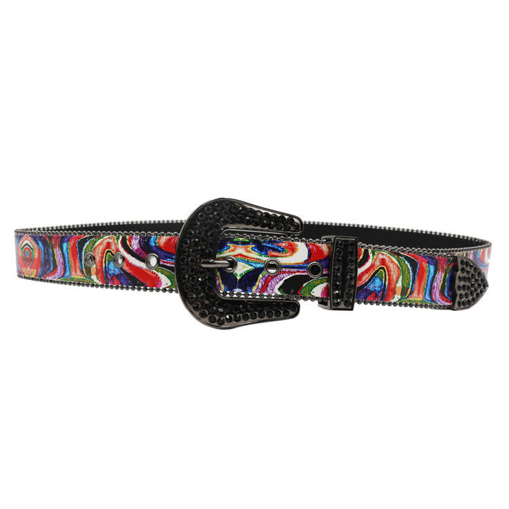 Cintura in pelle con fibbia in strass stampati arcobaleno graffiti