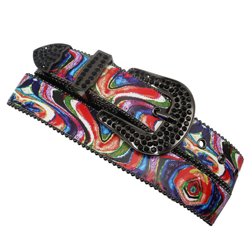 Cintura in pelle con fibbia in strass stampati arcobaleno graffiti