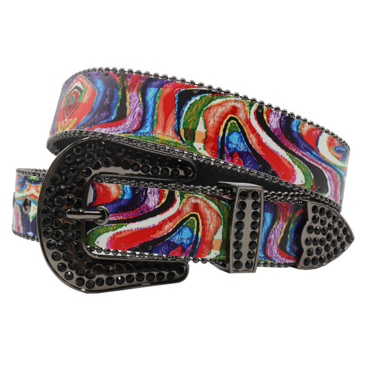 Cintura in pelle con fibbia in strass stampati arcobaleno graffiti