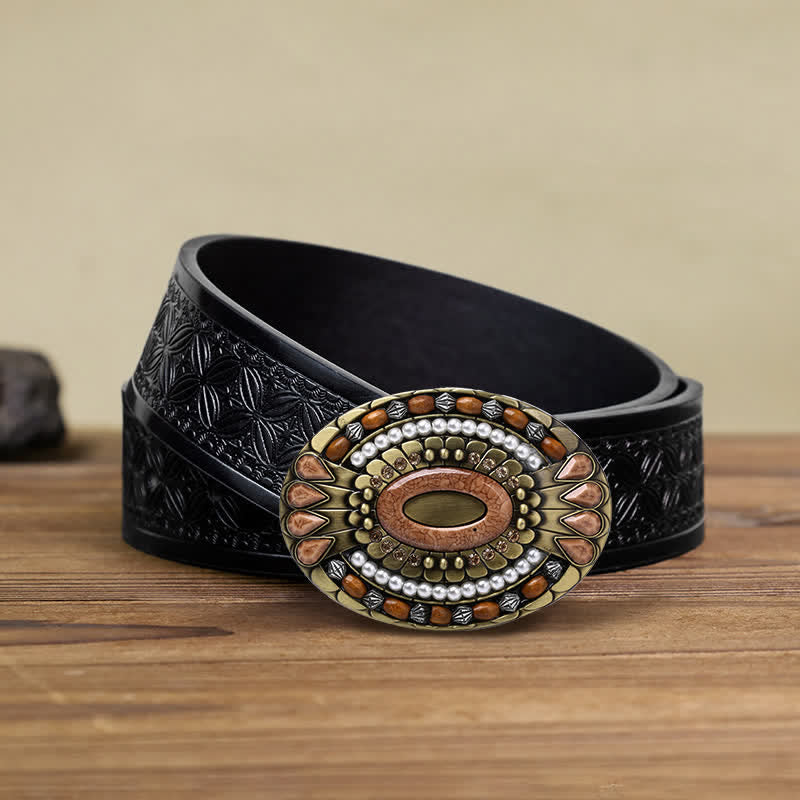 Cintura in pelle con fibbia in perline di legno indiano fai da te da uomo - Girare - Cintura in tessuto goffrato nero (38) - image 14