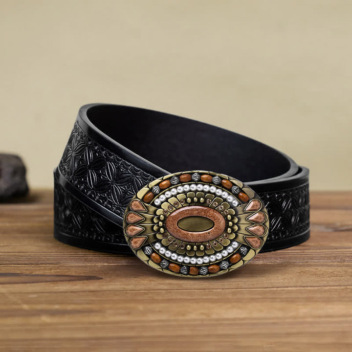 Cintura in pelle con fibbia in perline di legno indiano fai da te da uomo - Girare - Cintura in tessuto goffrato nero (38) - image 14