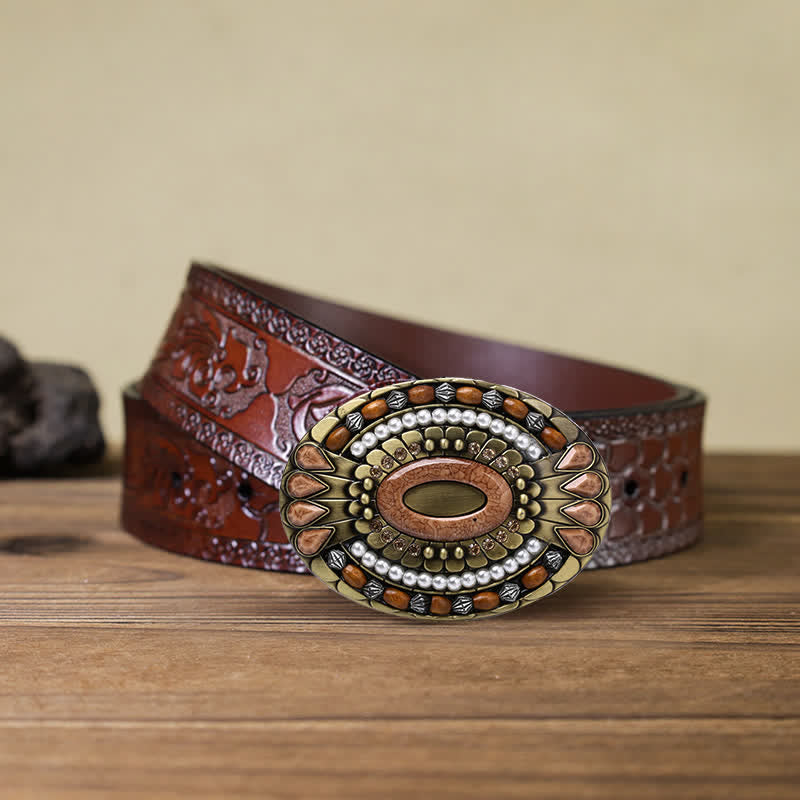 Cintura in pelle con fibbia in perline di legno indiano fai da te da uomo - Girare - Cintura marrone intagliata (40) - image 16