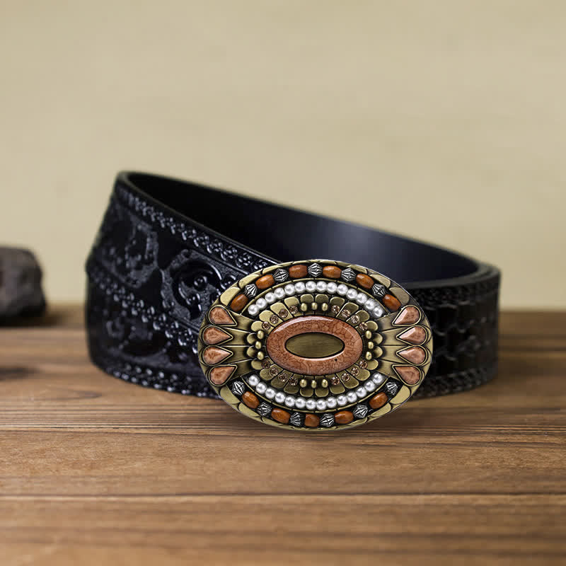 Cintura in pelle con fibbia in perline di legno indiano fai da te da uomo - Girare - Cintura nera intagliata (40) - image 15