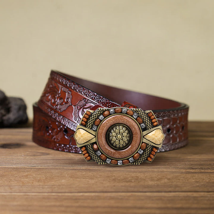 Cintura in pelle con fibbia in perline di legno indiano fai da te da uomo - Piazza - Cintura marrone intagliata (40) - image 7