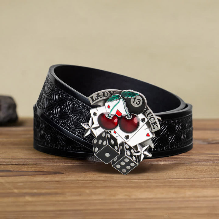 Cintura in pelle con fibbia a forma di dado da poker in ciliegio fai da te da uomo - Poker e dadi - Cintura in tessuto goffrato nero (38) - image 4