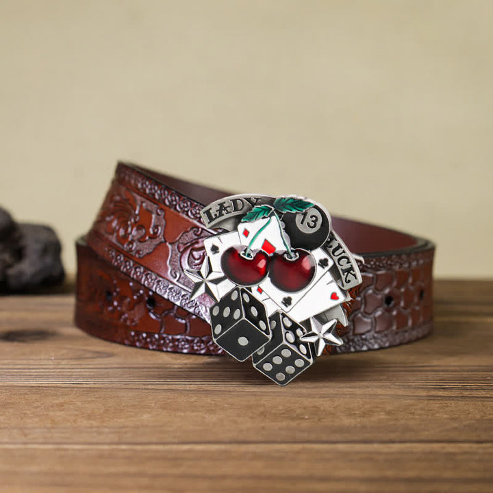 Cintura in pelle con fibbia a forma di dado da poker in ciliegio fai da te da uomo - Poker e dadi - Cintura marrone intagliata (40) - image 6
