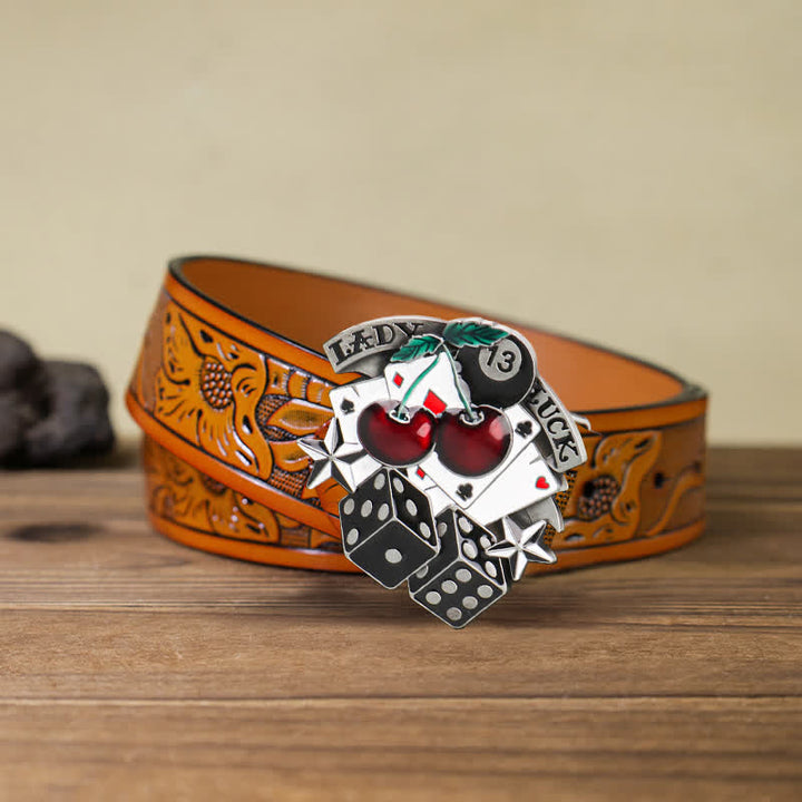 Cintura in pelle con fibbia a forma di dado da poker in ciliegio fai da te da uomo - Poker e dadi - Cintura intagliata arancione (40) - image 8
