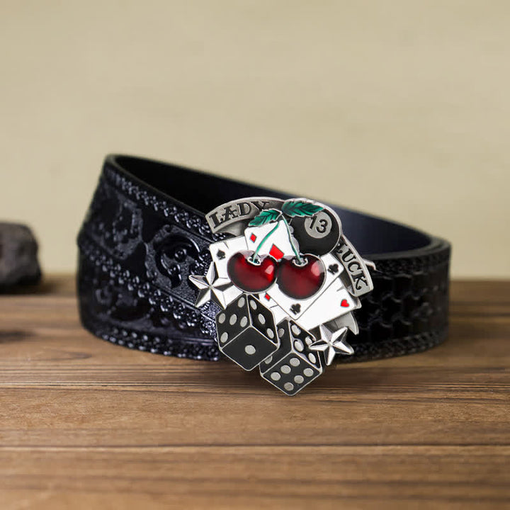 Cintura in pelle con fibbia a forma di dado da poker in ciliegio fai da te da uomo - Poker e dadi - Cintura nera intagliata (40) - image 5