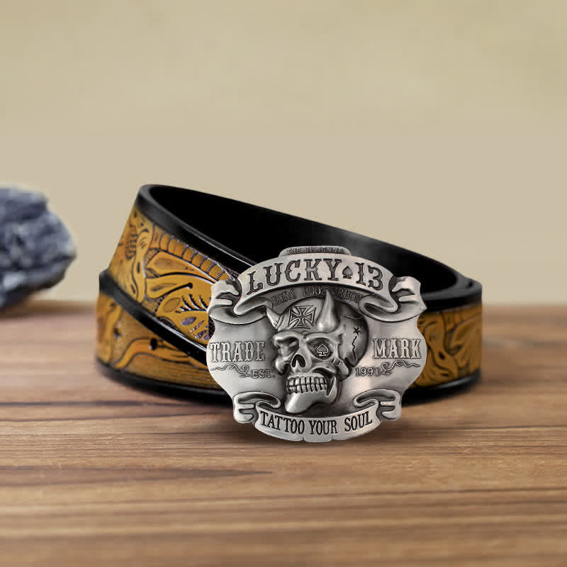 Cintura in pelle con fibbia Lucky 13 "King Of Fools" fai da te da uomo