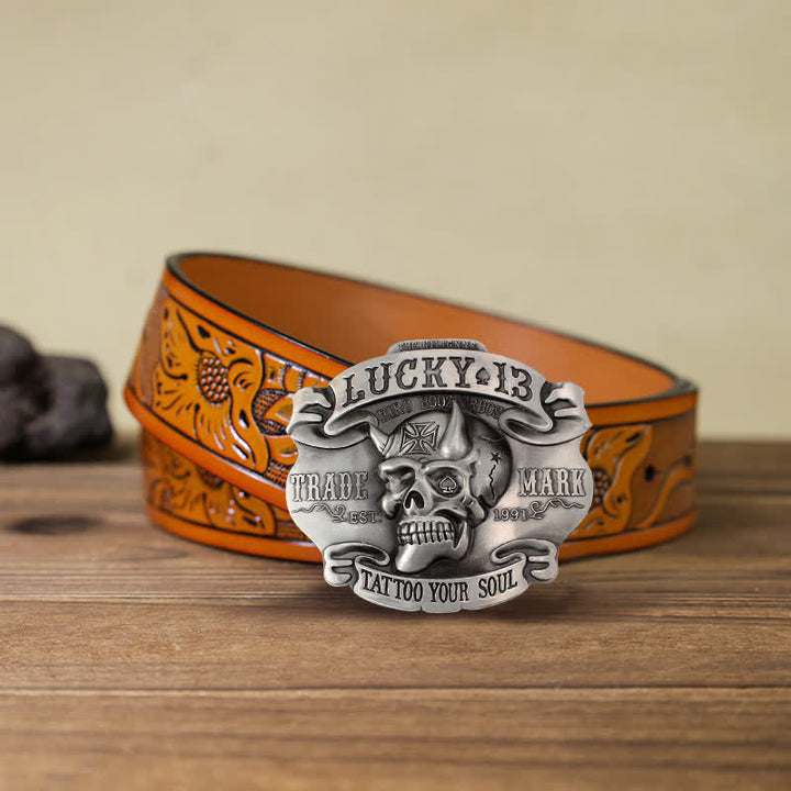 Cintura in pelle con fibbia Lucky 13 "King Of Fools" fai da te da uomo - Tatua la tua anima - Cintura intagliata arancione (40) - image 19