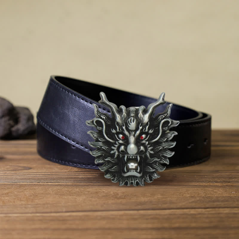 Cintura in pelle con fibbia in perla bianca con drago infuocato fai da te da uomo - Argento antico - Cintura PU nera (40) - image 5