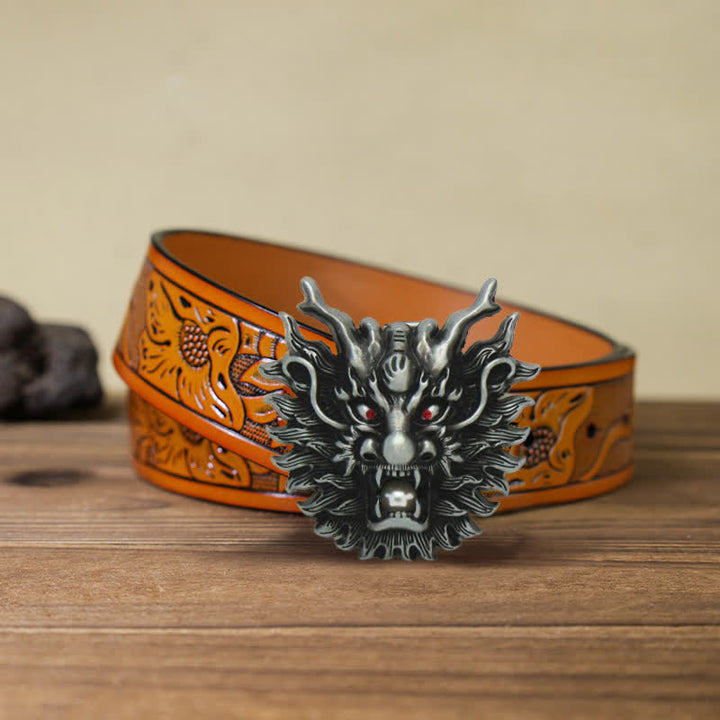 Cintura in pelle con fibbia in perla bianca con drago infuocato fai da te da uomo - Argento antico - Cintura intagliata arancione (40) - image 11