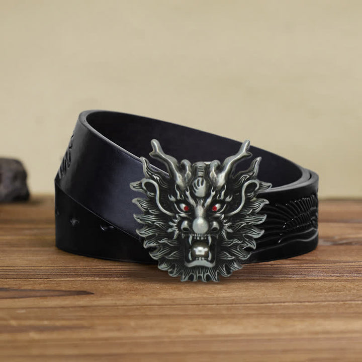 Cintura in pelle con fibbia in perla bianca con drago infuocato fai da te da uomo - Argento antico - Cintura aquila nera in rilievo (38) - image 6