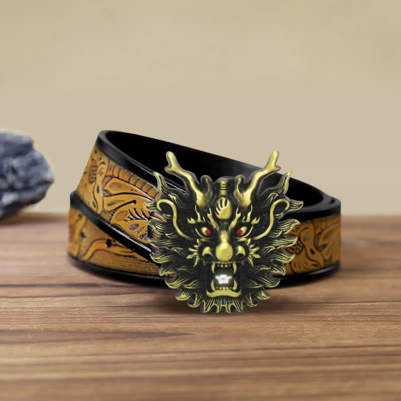 Cintura in pelle con fibbia in perla bianca con drago infuocato fai da te da uomo - Bronzo antico - Cintura marrone sabbia (40) - image 19