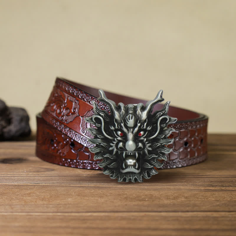 Cintura in pelle con fibbia in perla bianca con drago infuocato fai da te da uomo - Argento antico - Cintura marrone intagliata (40) - image 9