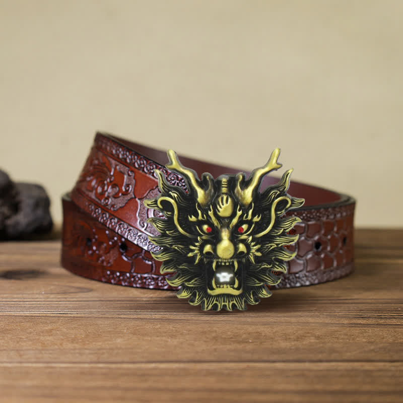 Cintura in pelle con fibbia in perla bianca con drago infuocato fai da te da uomo - Bronzo antico - Cintura marrone intagliata (40) - image 18