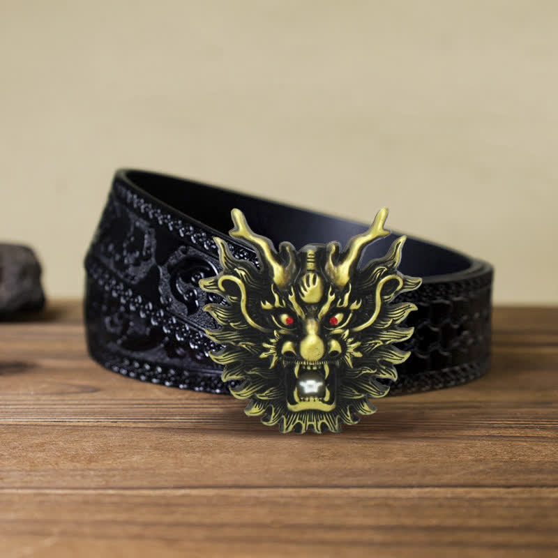Cintura in pelle con fibbia in perla bianca con drago infuocato fai da te da uomo - Bronzo antico - Cintura nera intagliata (40) - image 17