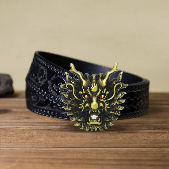 Cintura in pelle con fibbia in perla bianca con drago infuocato fai da te da uomo - Bronzo antico - Cintura nera intagliata (40) - image 17
