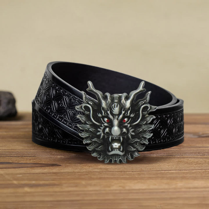 Cintura in pelle con fibbia in perla bianca con drago infuocato fai da te da uomo - Argento antico - Cintura in tessuto goffrato nero (38) - image 7