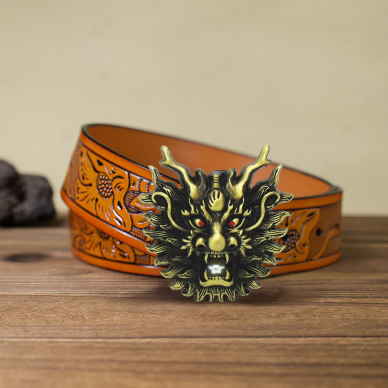 Cintura in pelle con fibbia in perla bianca con drago infuocato fai da te da uomo - Bronzo antico - Cintura intagliata arancione (40) - image 20