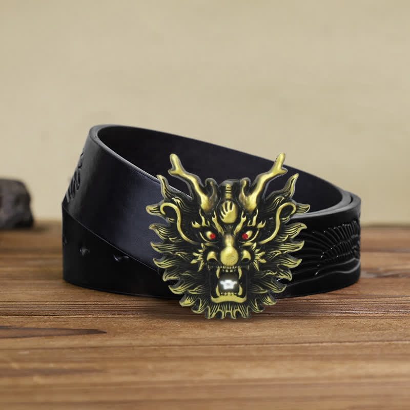 Cintura in pelle con fibbia in perla bianca con drago infuocato fai da te da uomo - Bronzo antico - Cintura aquila nera in rilievo (38) - image 15