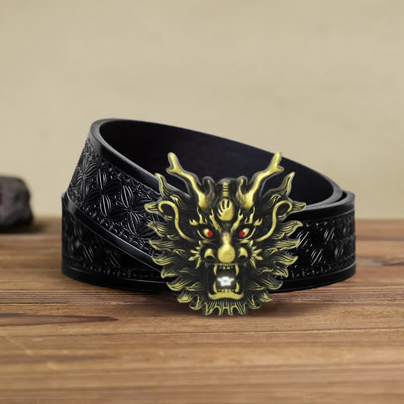 Cintura in pelle con fibbia in perla bianca con drago infuocato fai da te da uomo - Bronzo antico - Cintura in tessuto goffrato nero (38) - image 16