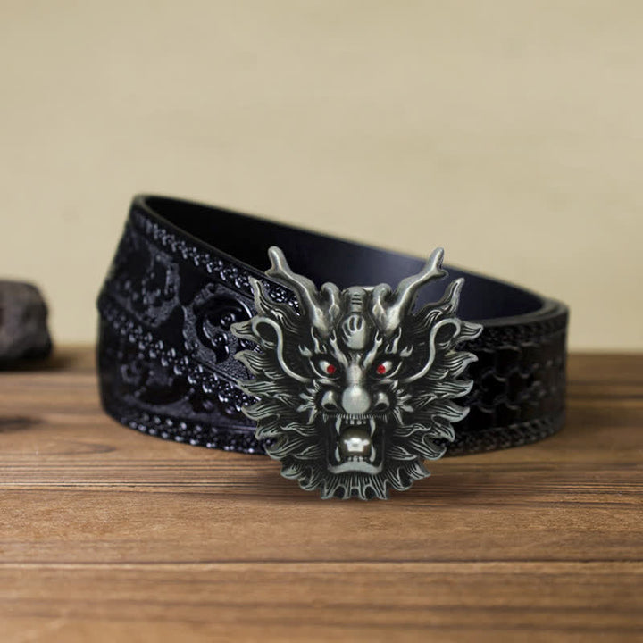 Cintura in pelle con fibbia in perla bianca con drago infuocato fai da te da uomo - Argento antico - Cintura nera intagliata (40) - image 8