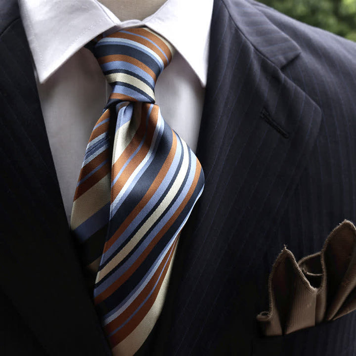 Cravatta classica da uomo a righe larghe in vera seta - Blu e caffè - image 0