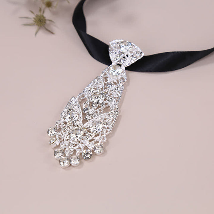 Cravatta da uomo con strass e cristalli, corta e glitterata, da sposa - Argento - image 7