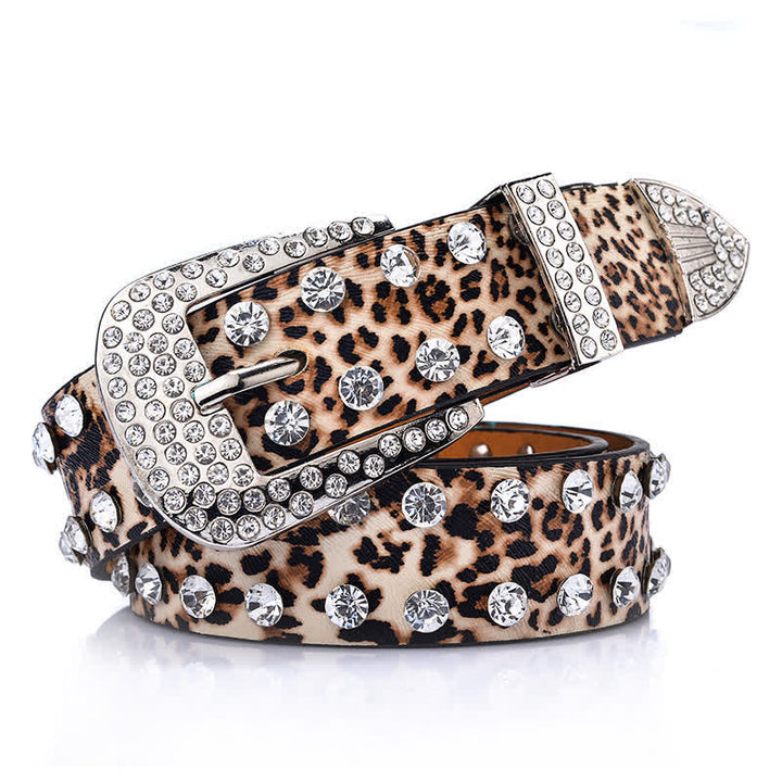 Cintura in pelle con stampa leopardata e strass intarsiati da donna