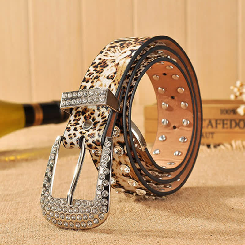 Cintura in pelle con stampa leopardata e strass intarsiati da donna