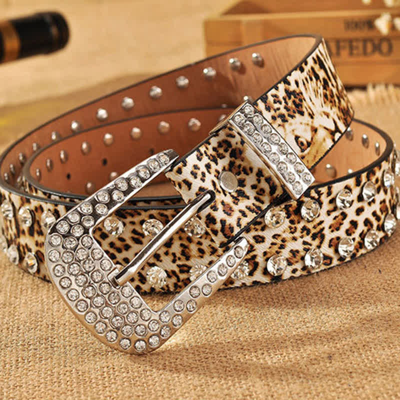 Cintura in pelle con stampa leopardata e strass intarsiati da donna
