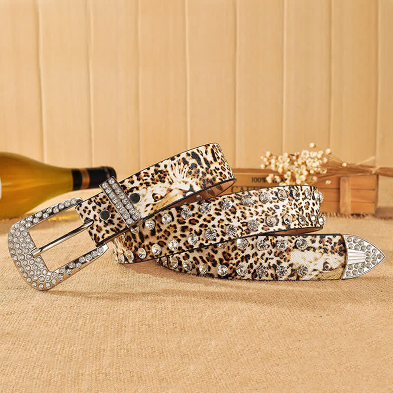 Cintura in pelle con stampa leopardata e strass intarsiati da donna