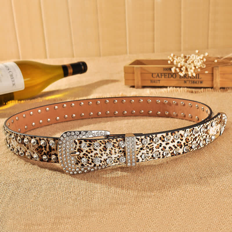 Cintura in pelle con stampa leopardata e strass intarsiati da donna