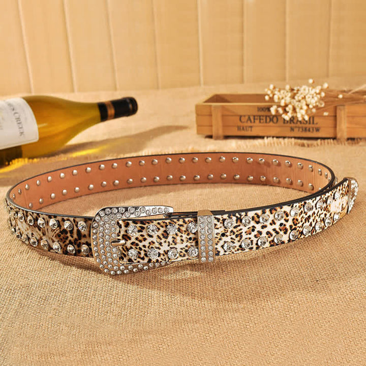 Cintura in pelle con stampa leopardata e strass intarsiati da donna