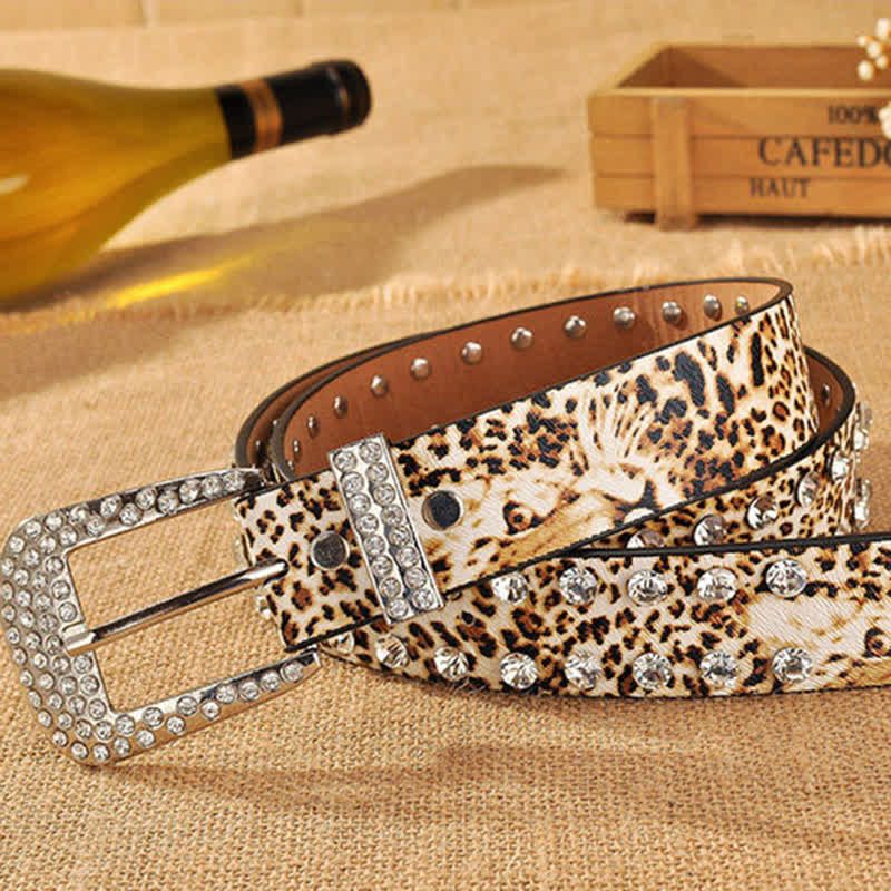 Cintura in pelle con stampa leopardata e strass intarsiati da donna