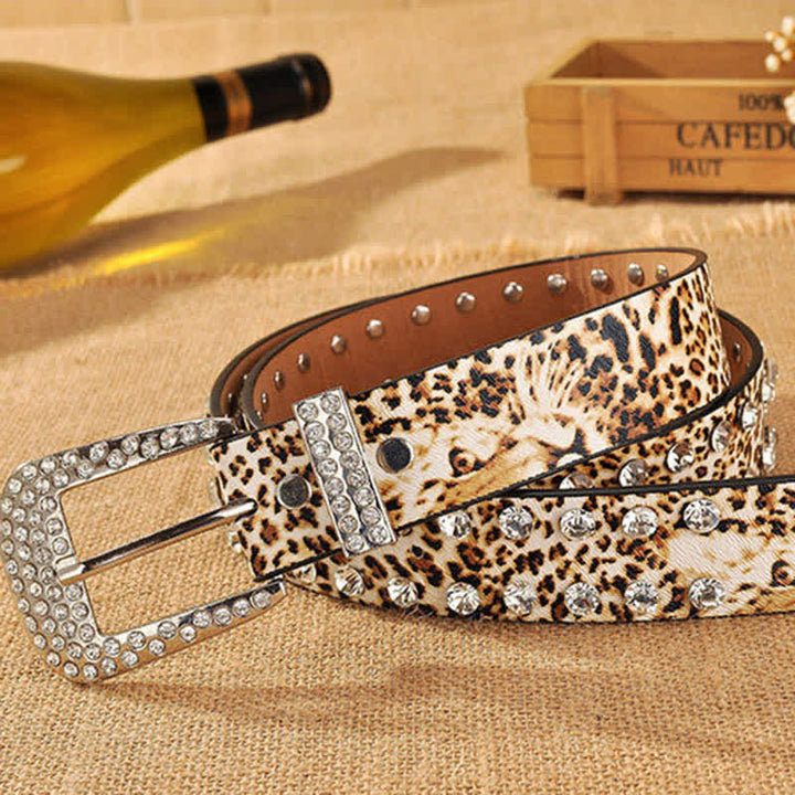 Cintura in pelle con stampa leopardata e strass intarsiati da donna