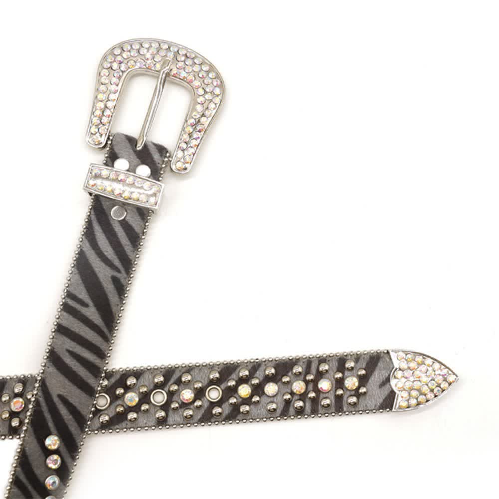 Cintura unisex in pelle con stampa zebra e strass unici