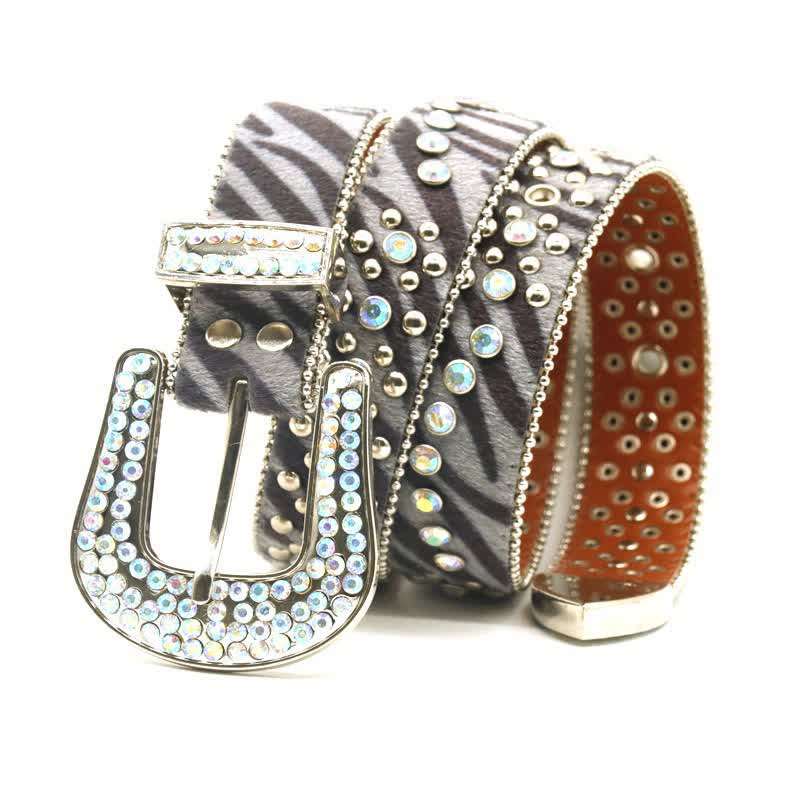 Cintura unisex in pelle con stampa zebra e strass unici