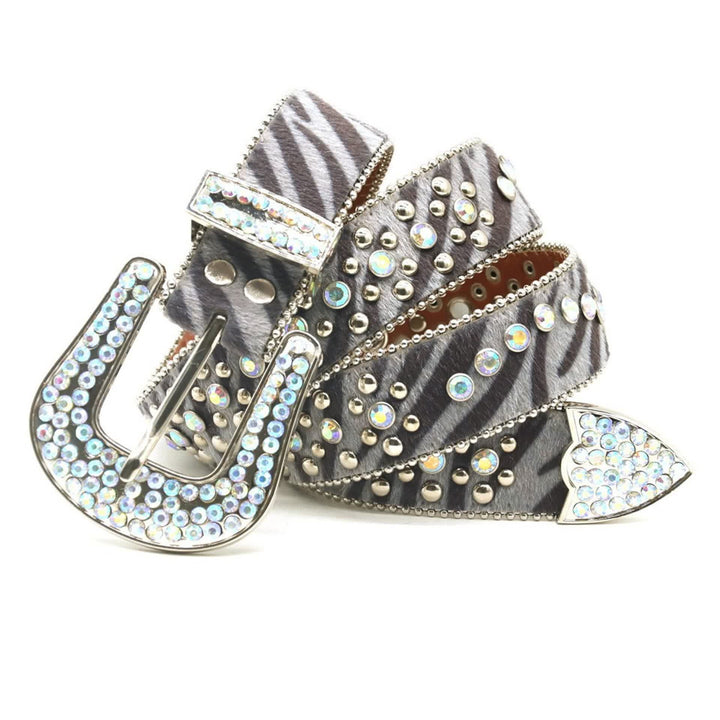 Cintura unisex in pelle con stampa zebra e strass unici