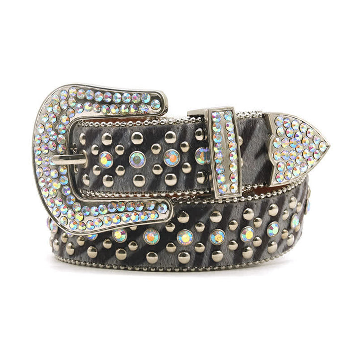 Cintura unisex in pelle con stampa zebra e strass unici