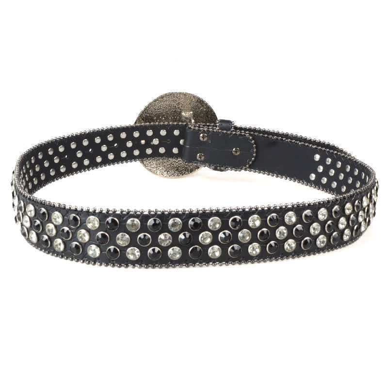 Cintura unisex in pelle con fibbia rotonda grande e strass
